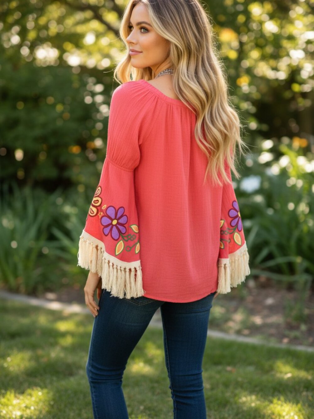 Boho Womens Coral Embroidered floral print fringe detailed blouse Top - Picture 4 of 9